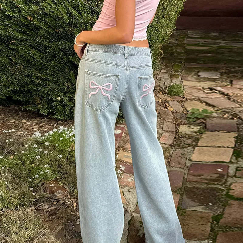 

Blue Jeans for Women Pink Bow Embroidery Jeans Y2K Straight High Waist Vintage Casual Trousers Female Wide Leg Designer Pants