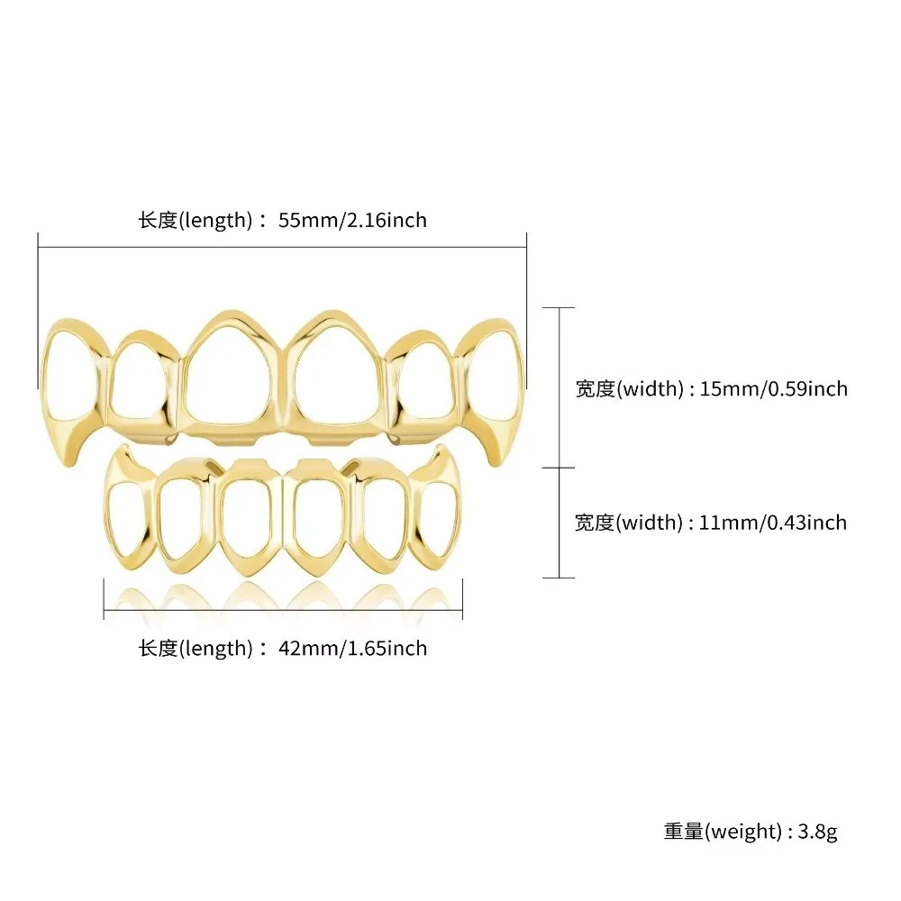 Fotografia 6: Grillz de Dentes Ocos com Acabamento Brilhante, Conjunto Superior e Inferior, em Cobre Ecológico, Capas Antiderrapantes para Dentes Brilhantes, Joias Douradas para Eventos