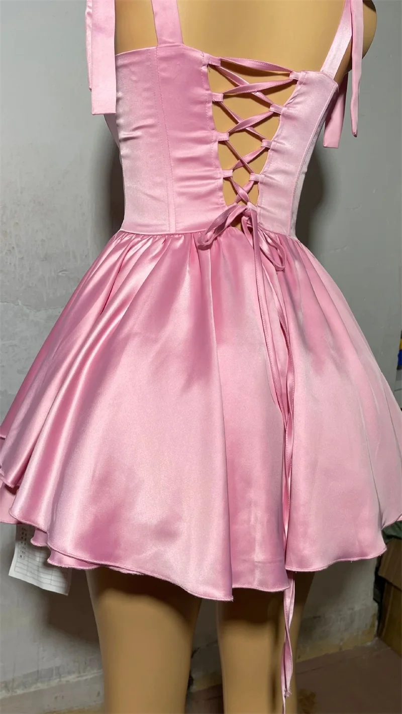 Pink Satin Women Prom Dress Short Mini Party Skirt Lace Up Back Sleeveless Puffy Hem Princess Formal Birthday Evening Gown