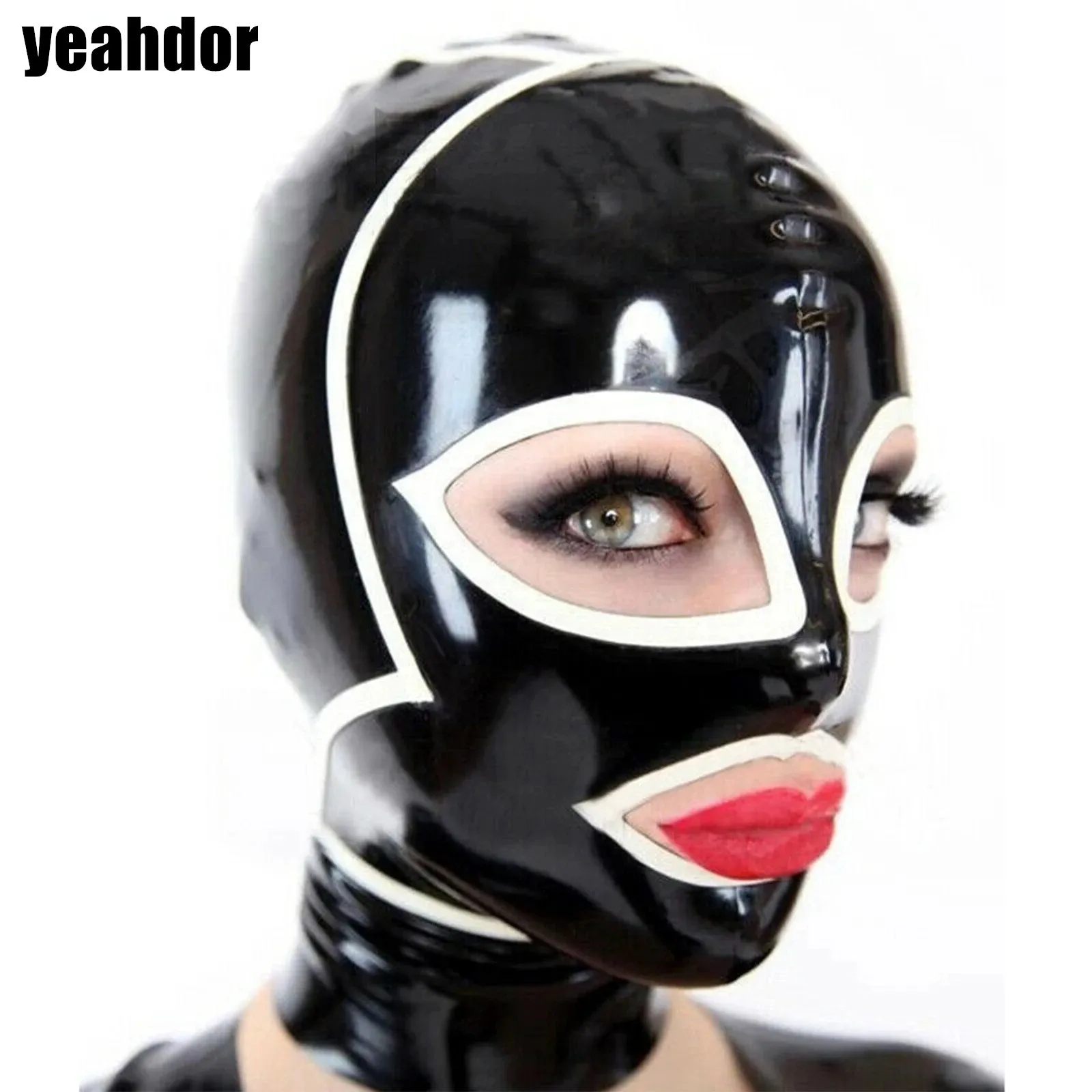 

Adult Unisex Latex Head Cover Hood Face Mask Open Eyes Nostril Mouth Back Zipper Face Cover for Halloween Party Role Play