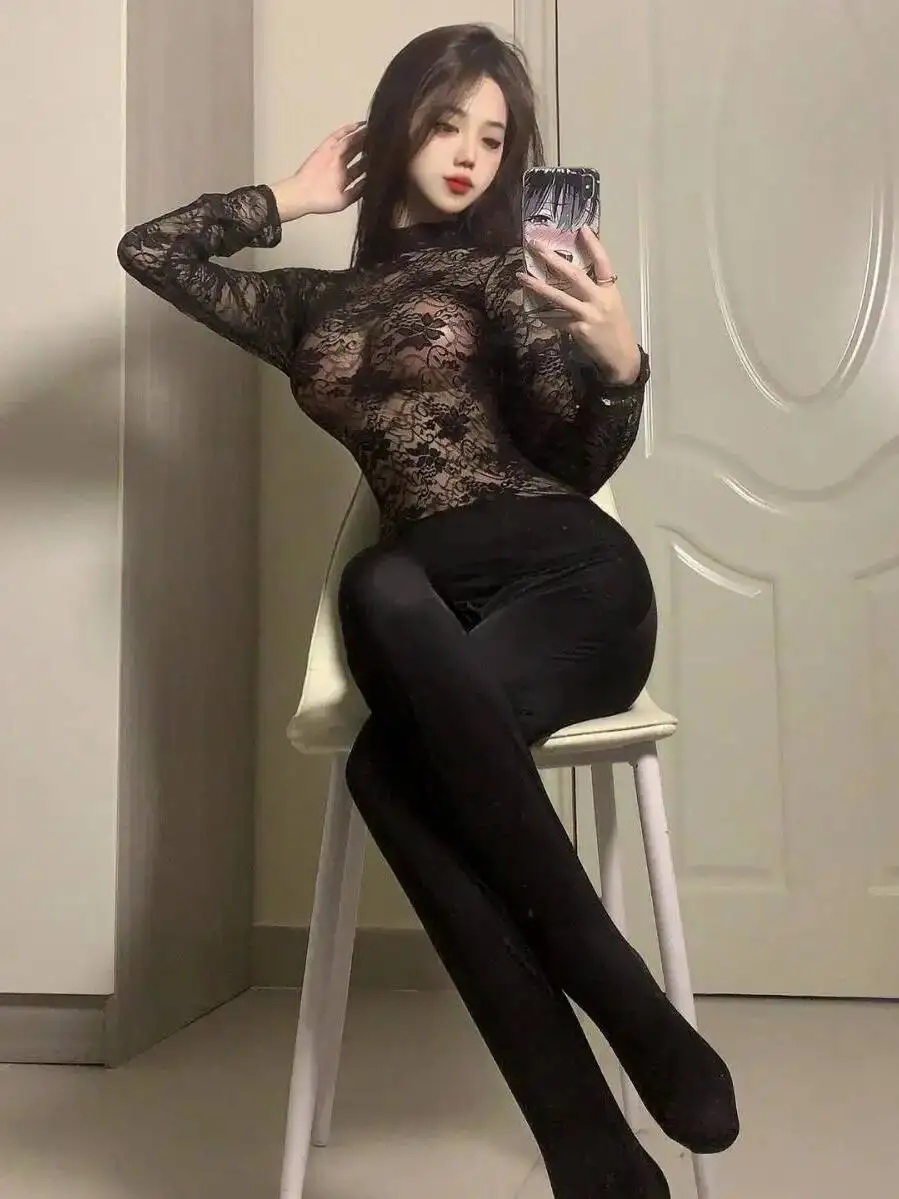 Elegant Black Lace Bodysuits With Long Sleeves And High Neck Paired With Black Tights For Evening Wear Bodysuits Charming EMG4