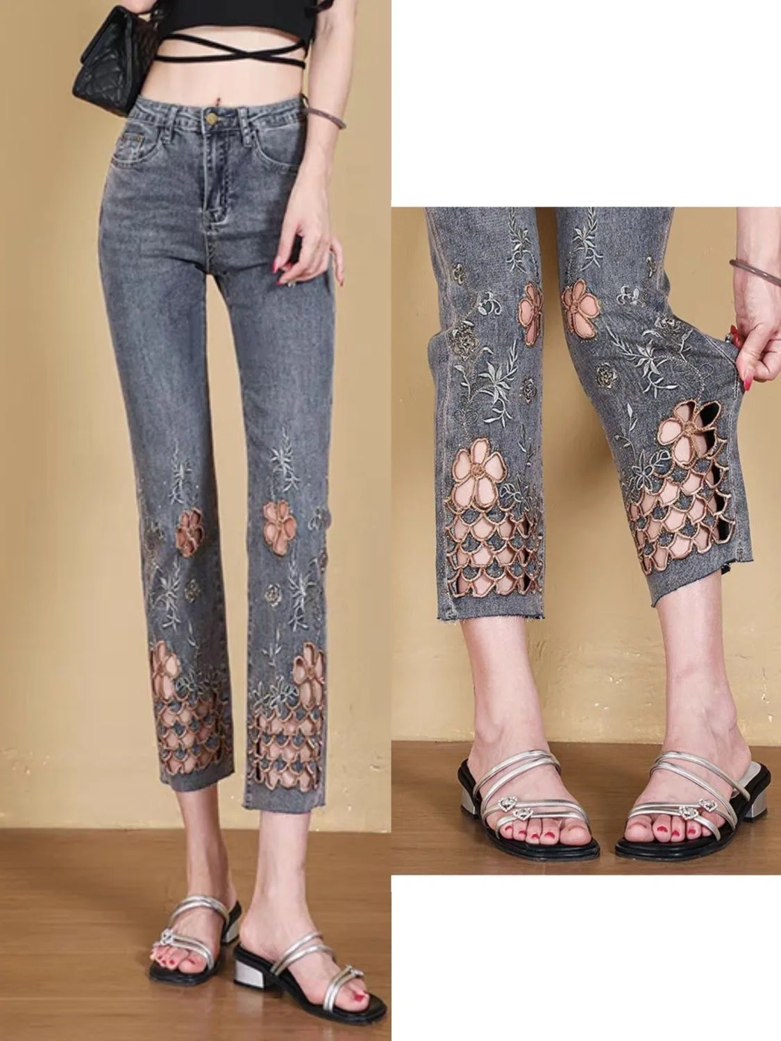 Y2K Denim Jeans Korean Style Women's Pants Straight Leg Elastic Eight Points Brick Pattern Slimming High Waist Hollow Embroidery