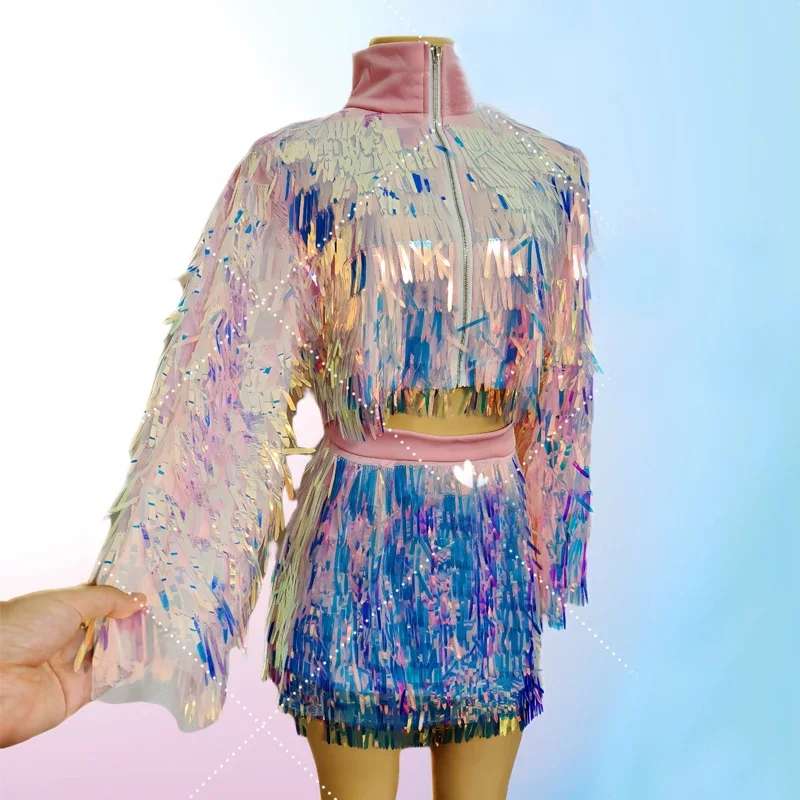Costume da ballo jazz per gruppi di donne Paillettes colorate Gonna superiore Spettacolo teatrale Abiti Kpop Bar Discoteca Dj Ds Gogo Wear