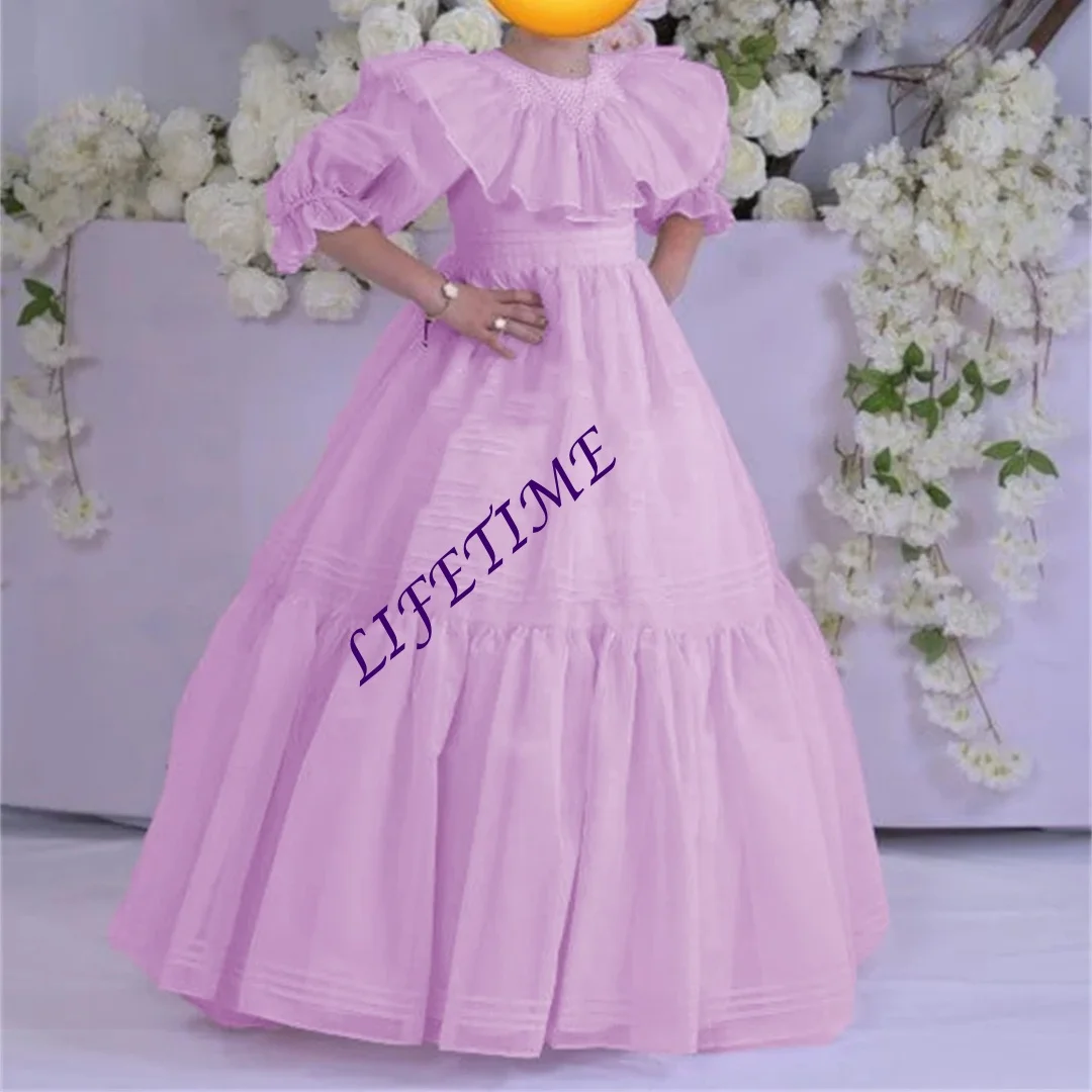 Principessa O Collo Piega Manica a sbuffo Una linea Abito da ragazza di fiori Lunghezza pavimento Formale Elegante Classico Abito da prima comunione Personalizzato