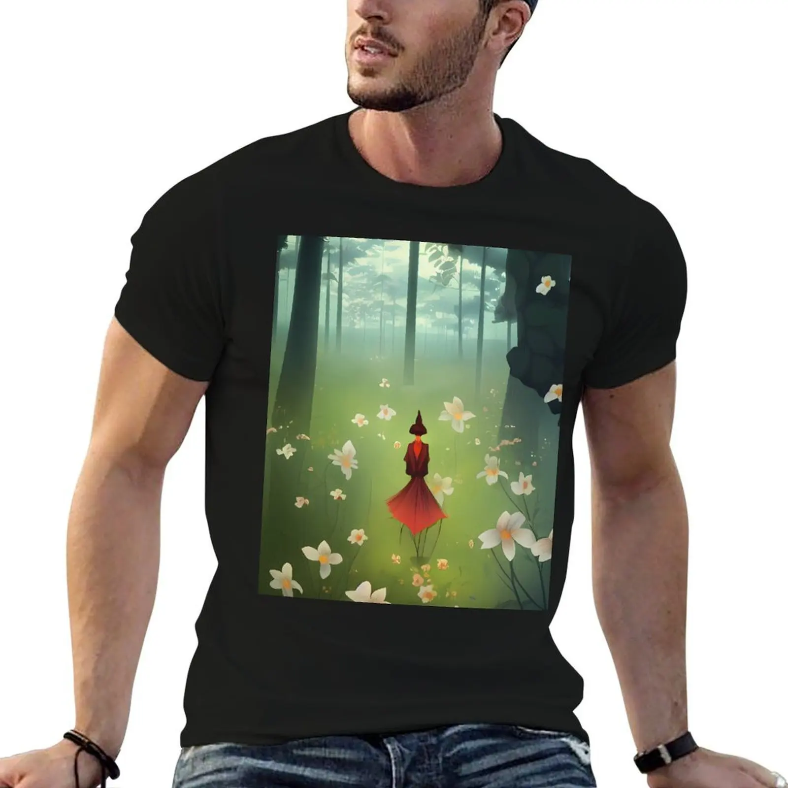 

Wandering Soul Collection, Dreamy abstract landscape, forest, nature, red, green, foggy, version 3 T-Shirt