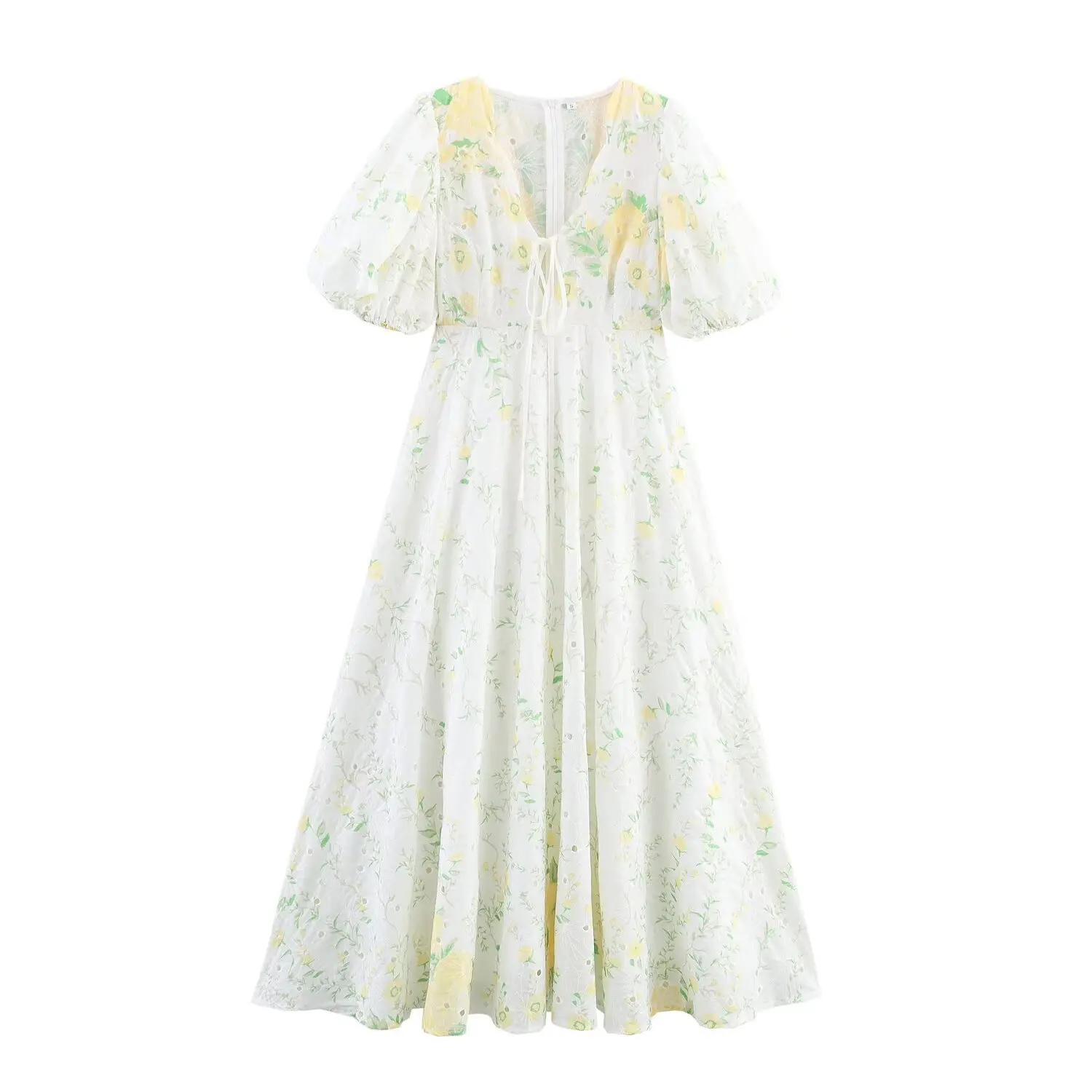 

2025 Summer Women's A-Line Long Dress Fresh Flower Print V-Neck Puff Sleeve Elegant Dresses Casual Beach Holiday Dress