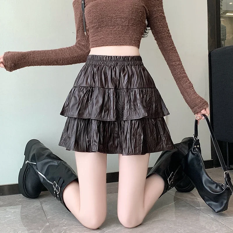 Vintage PU Leather Half-body Skirts Women Autumn Elastic Waist A-line Solid Color Skirt Casual Versatile Ball Gown Skirts Female