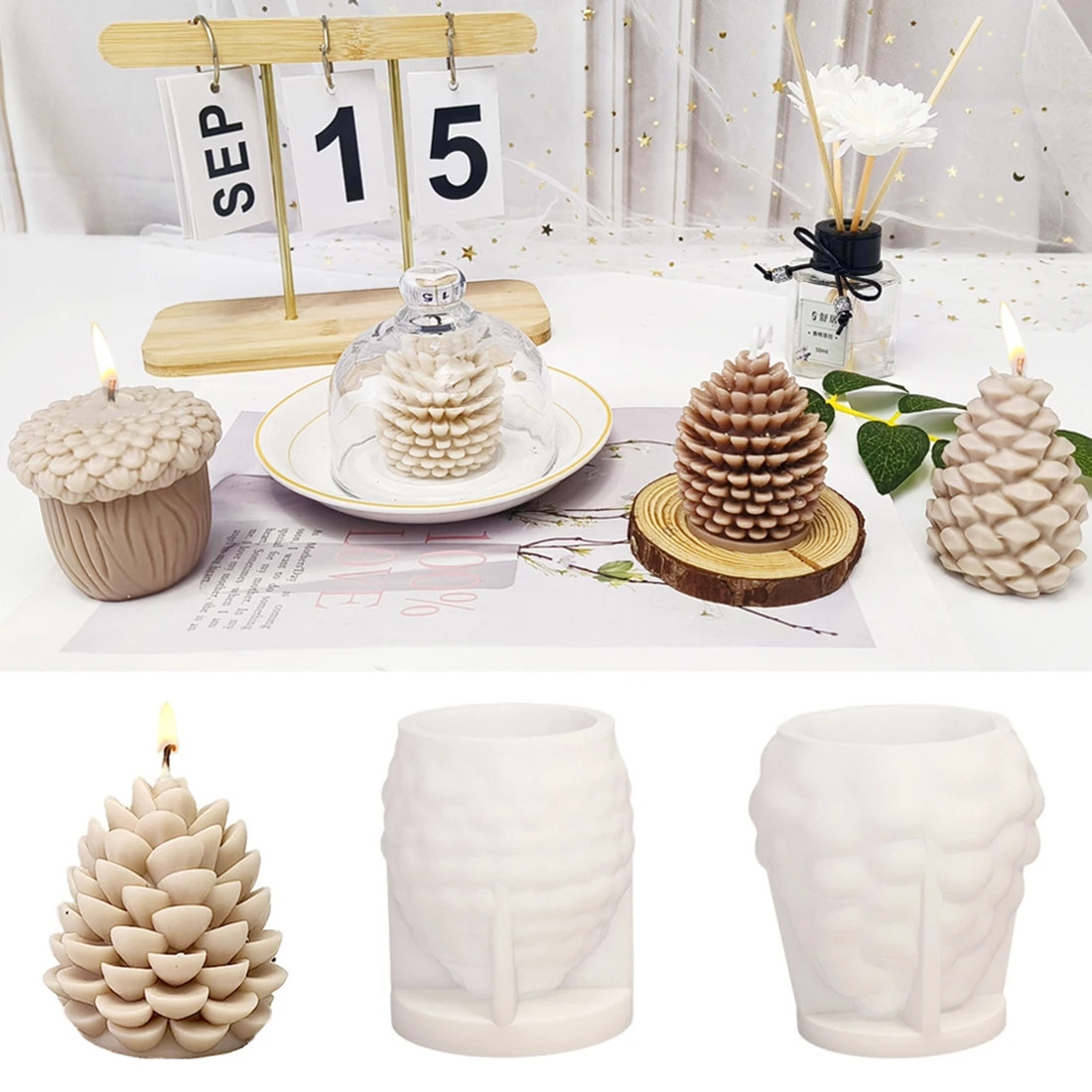 DIY Multiple Shapes 3D Pinecone Candle Silicone Mold Oak Nut Scented Wax Beeswax Mould For Christmas Ornament Home Decoration