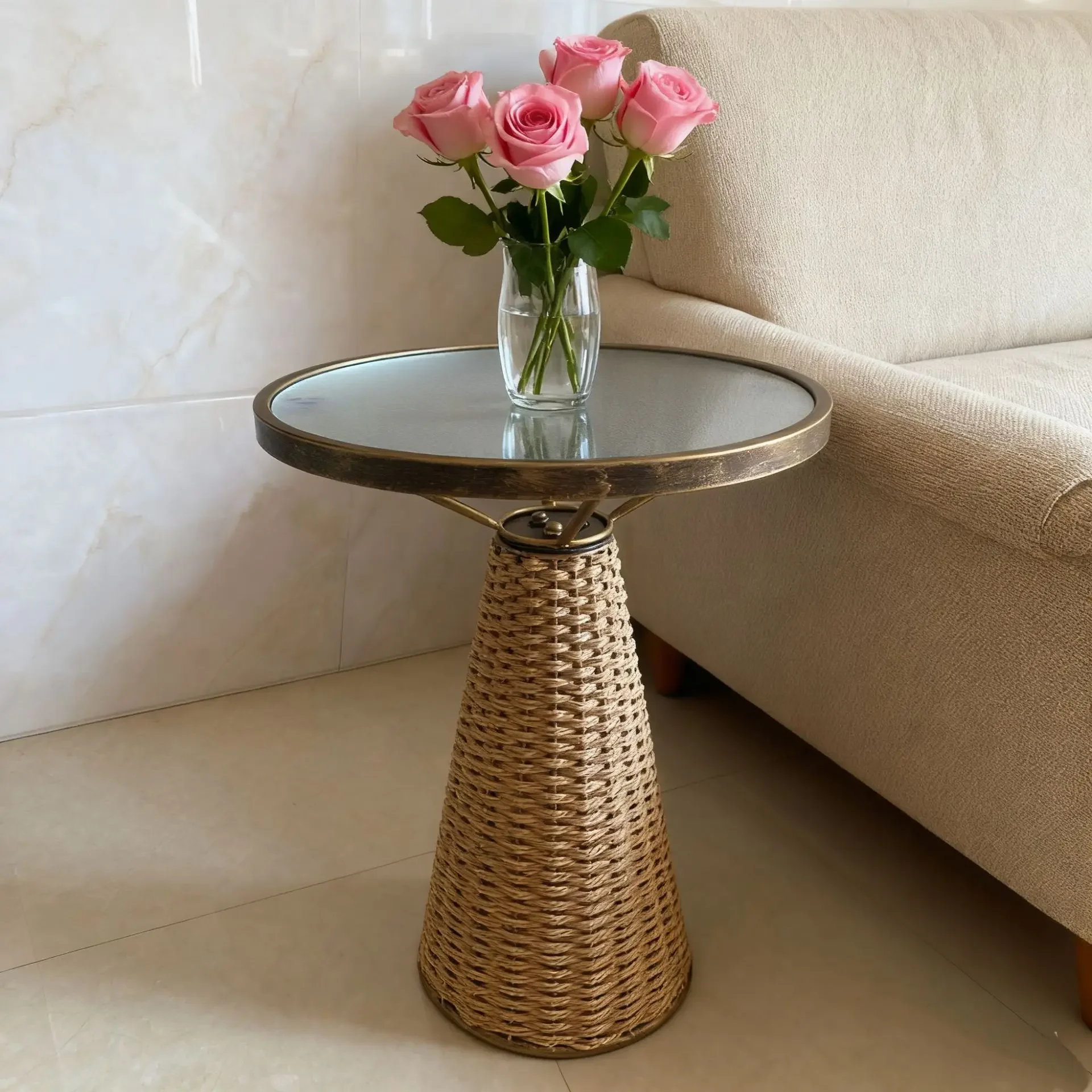 DSA Nordic glass tabletop round sofa side table wabi-sabi style paper rope woven living room small coffee table balcony