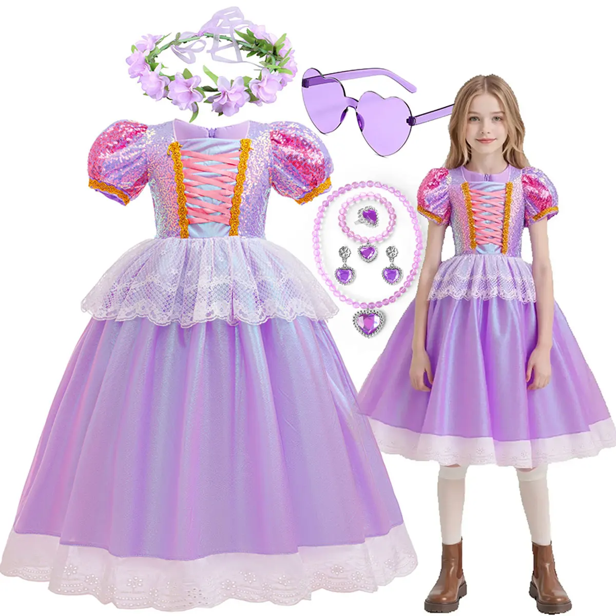 

Classic Disney Movie Character Tangled Rapunzel Dress Girl Plays Rapunzel Halloween Holiday Party Cute Dress + Accessories Set