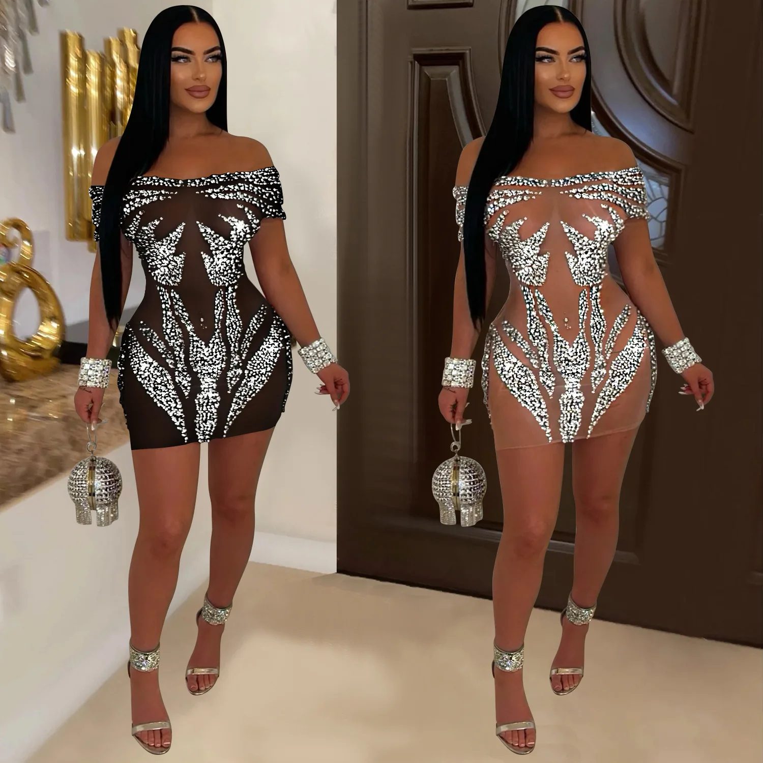 

SKMY Fashion Summer Outfits For Women Sexy Rhinestone See Through Off The Shoulder Sleeveless Bodycon Short Dresses Solid Color