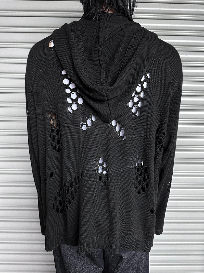 Men's Trendy Sweaters Hoodies Jackets 2025 Autumn Winter New Fashion Versatile Hooded Knitted Tops Loose Hole Pullover Knitwears