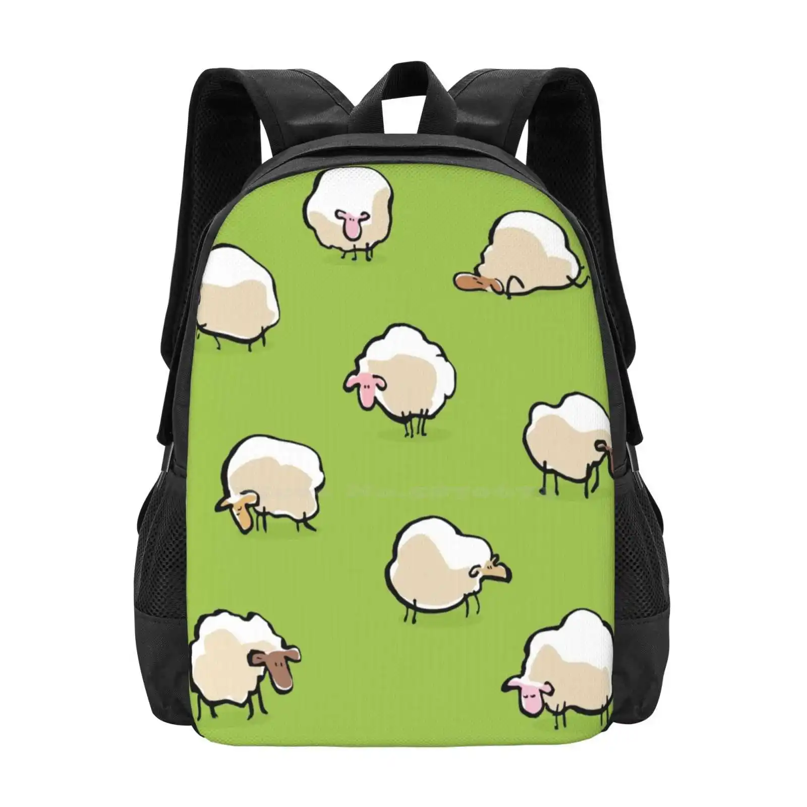 Sheep Large Capacity School Backpack Laptop Bags Sheep Cartoon Meadow Green Fluffy Wool Count Cute Funny