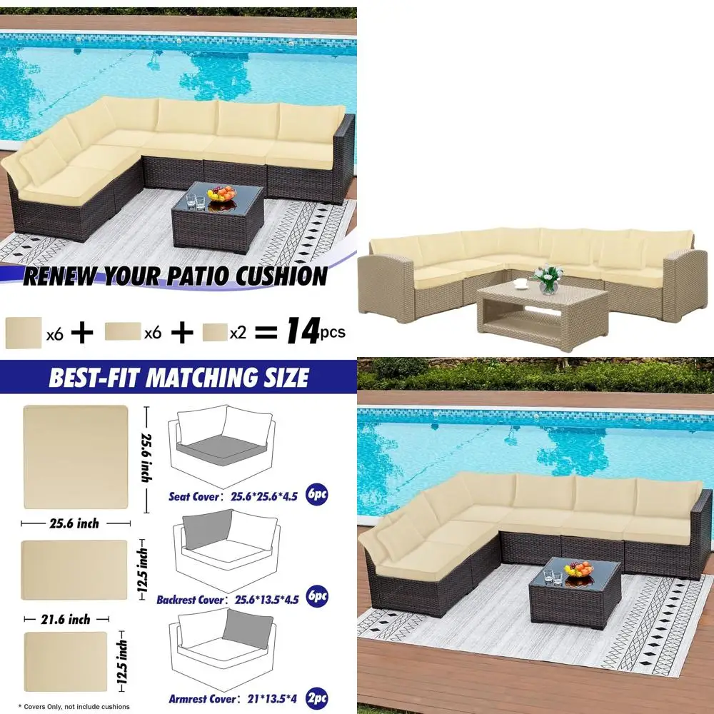 Set Bantal Teras Luar Ruangan 14 Buah untuk Furnitur Seksional 6 Kursi - Penutup Tahan Air Warna Beige