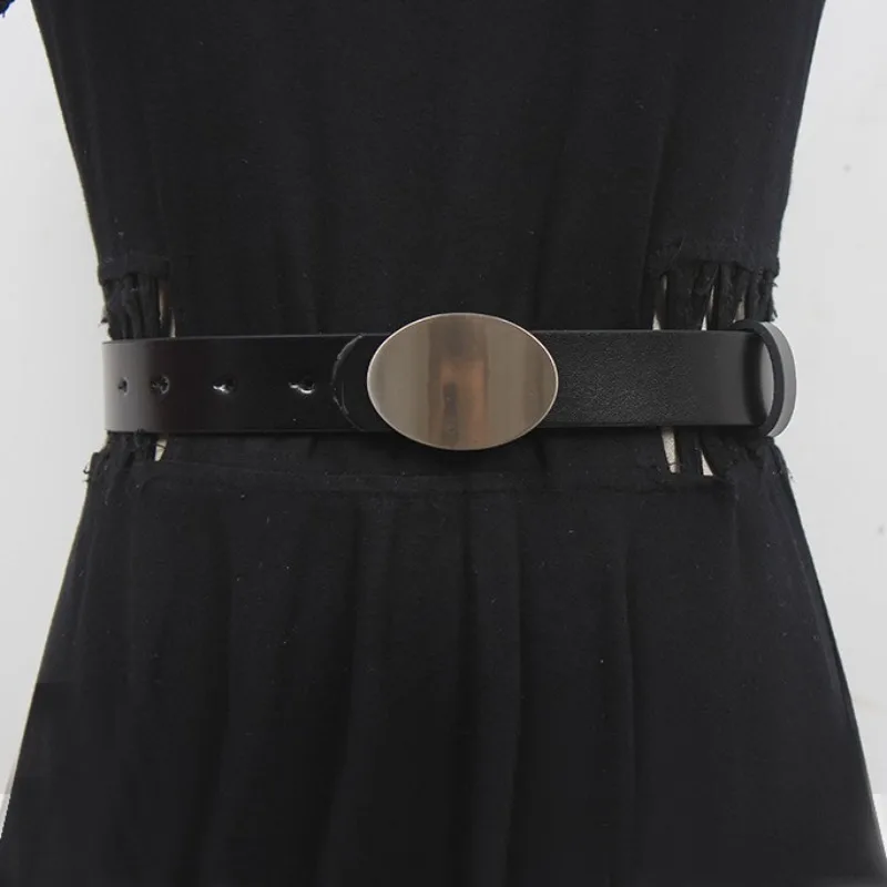 

Women's Oval Silver Buckle Black Belts Neutral and Trendy Popular Vintage Versatile Youth Genuine Leather Belt