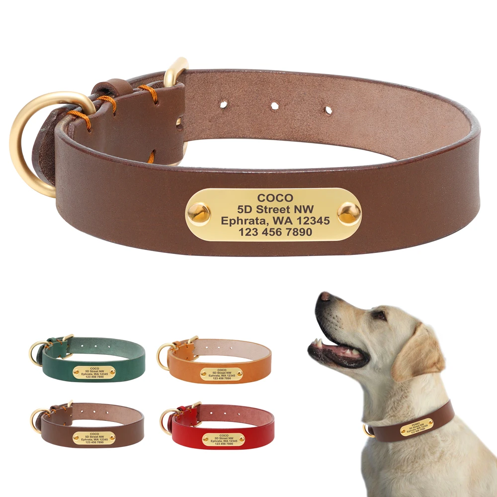 Custom Dog Collar Durable Personalized Pet Dog Collars Engraved Genuine Leather Collars For Small Medium Large Dogs