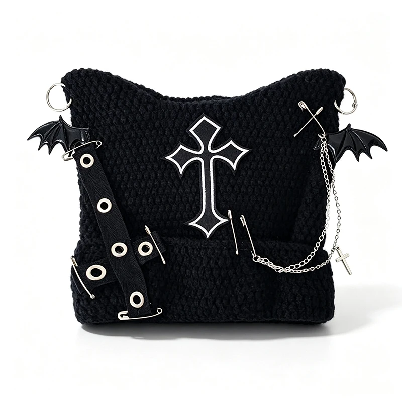 Y2K Knitted Hat Goth Cat Cross Beanie Hat Punk Cat Ear Beanie Hat for Women Grunge Gothic Beanies Knitted Hat Streetwear Black