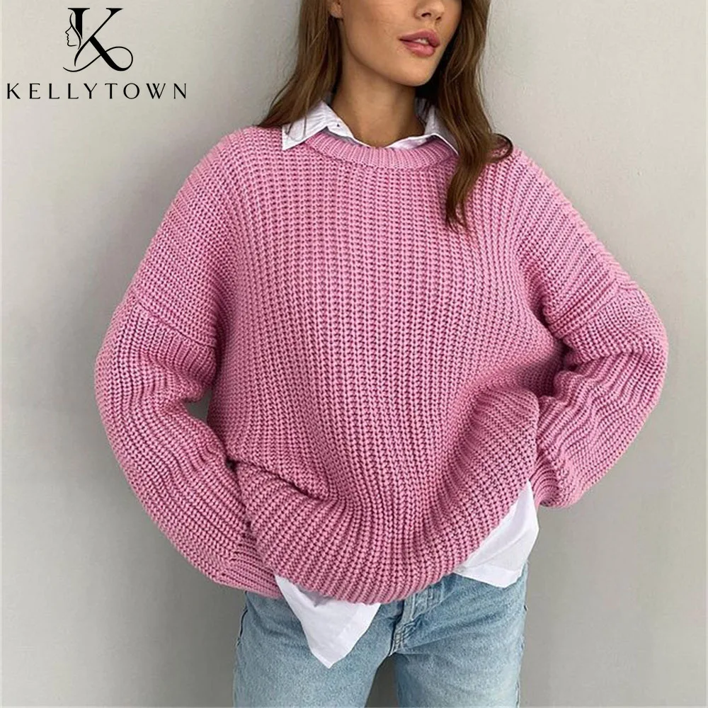 

2026 Women's Knitted Sweater Autumn Winter Soft Warm Tops Loose Solid Pink Pullover O Neck Vintage Green Sweaters For Women