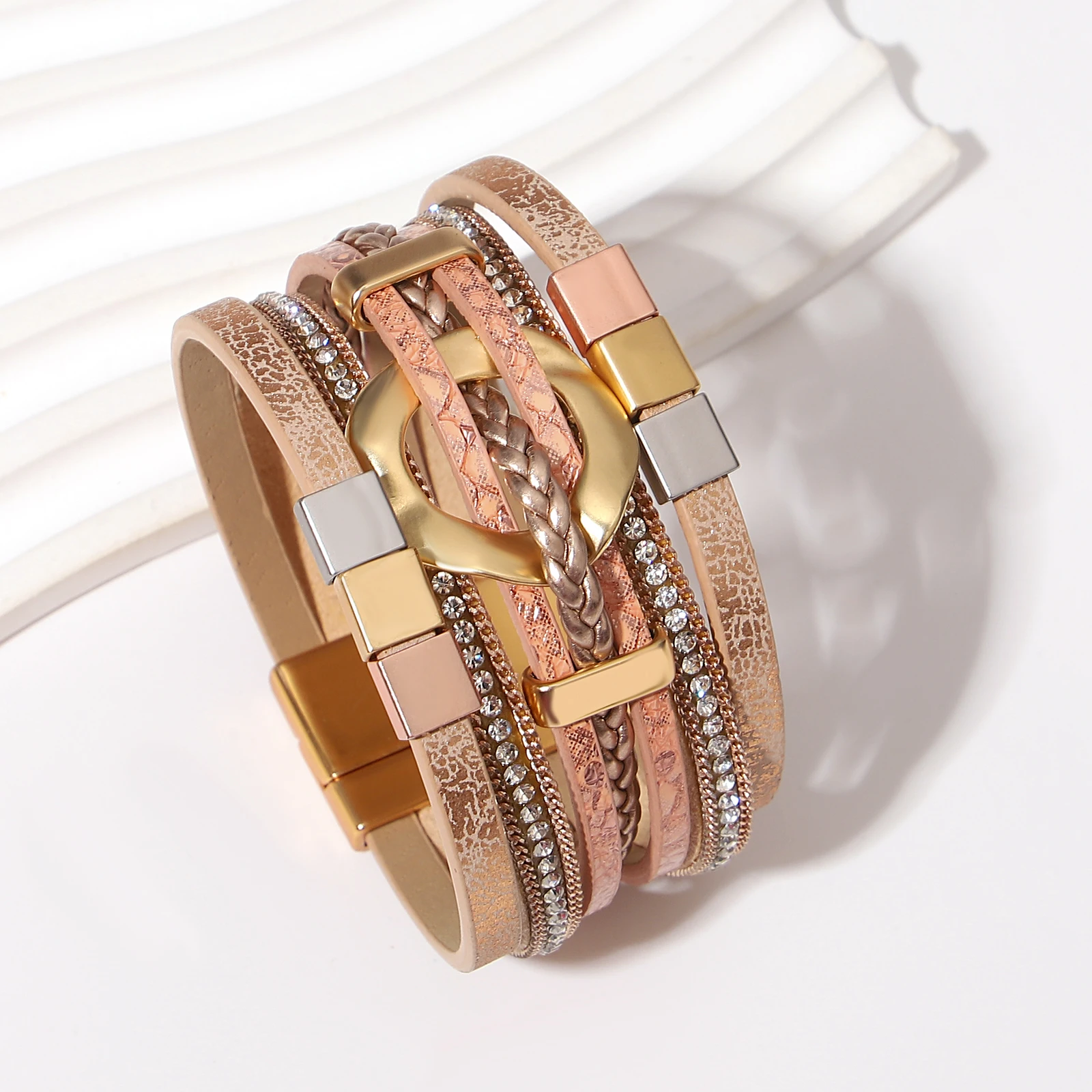 

Amorcome Bohemian Multilayer Leather Wide Bracelet For Women Vintage Braided Rope Magnetic Clasp Bracelets Female Jewelry Gifts