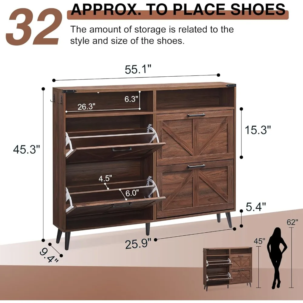 Shoe locker, 4 flip-out drawers, barn door farmhouse shoe storage box, separate hidden shoe rack cabinet, open shelf, foyer