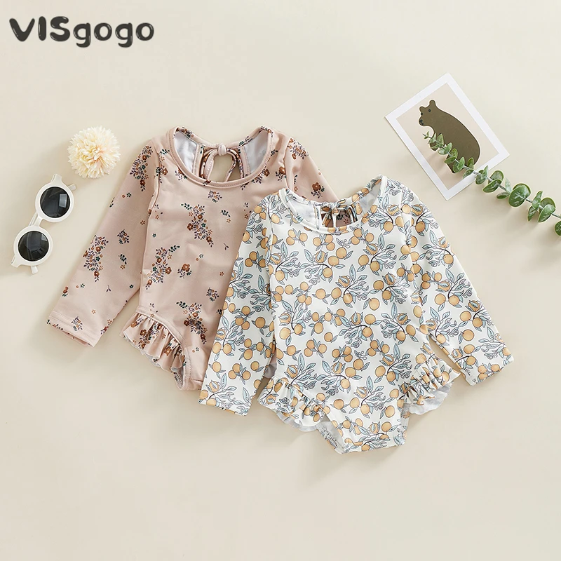 

VISgogo Kids Girls Summer Swimsuits Backless Floral Print Long Sleeve Ruffles Jumpsuit Sun Protection Swimwear Bathing Beachwear