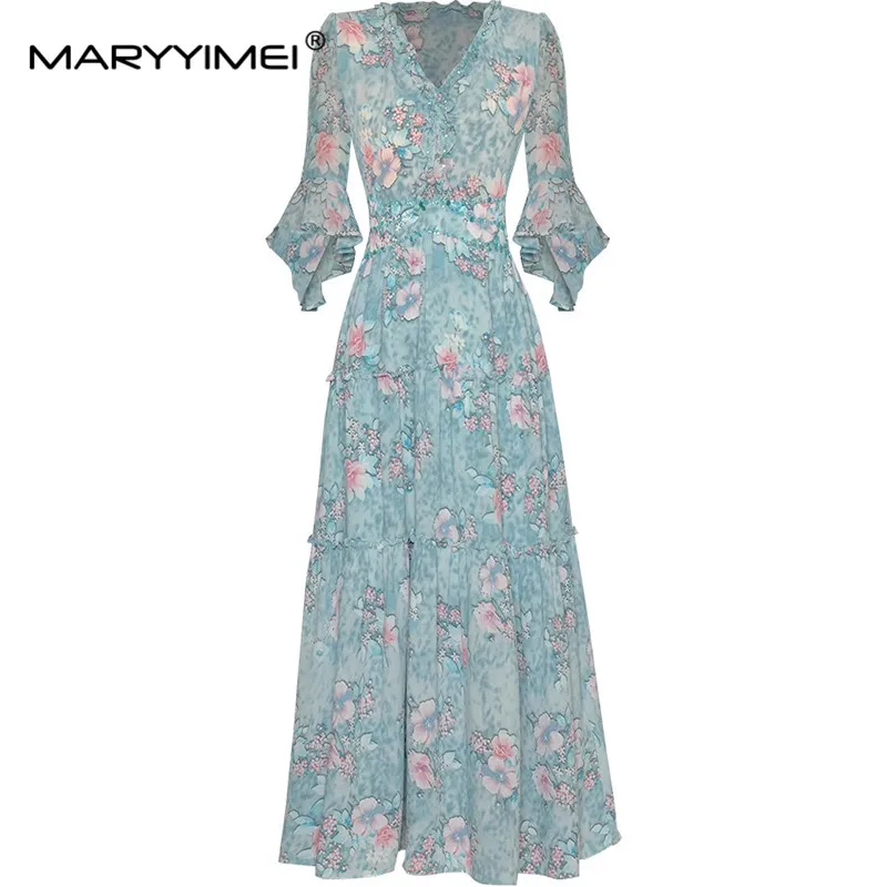 MARYYIMEI Fashion Design Spring Summer Women's V-Neck Butterfly sleeve Sequins Beading Bohemian Holiday Dresses