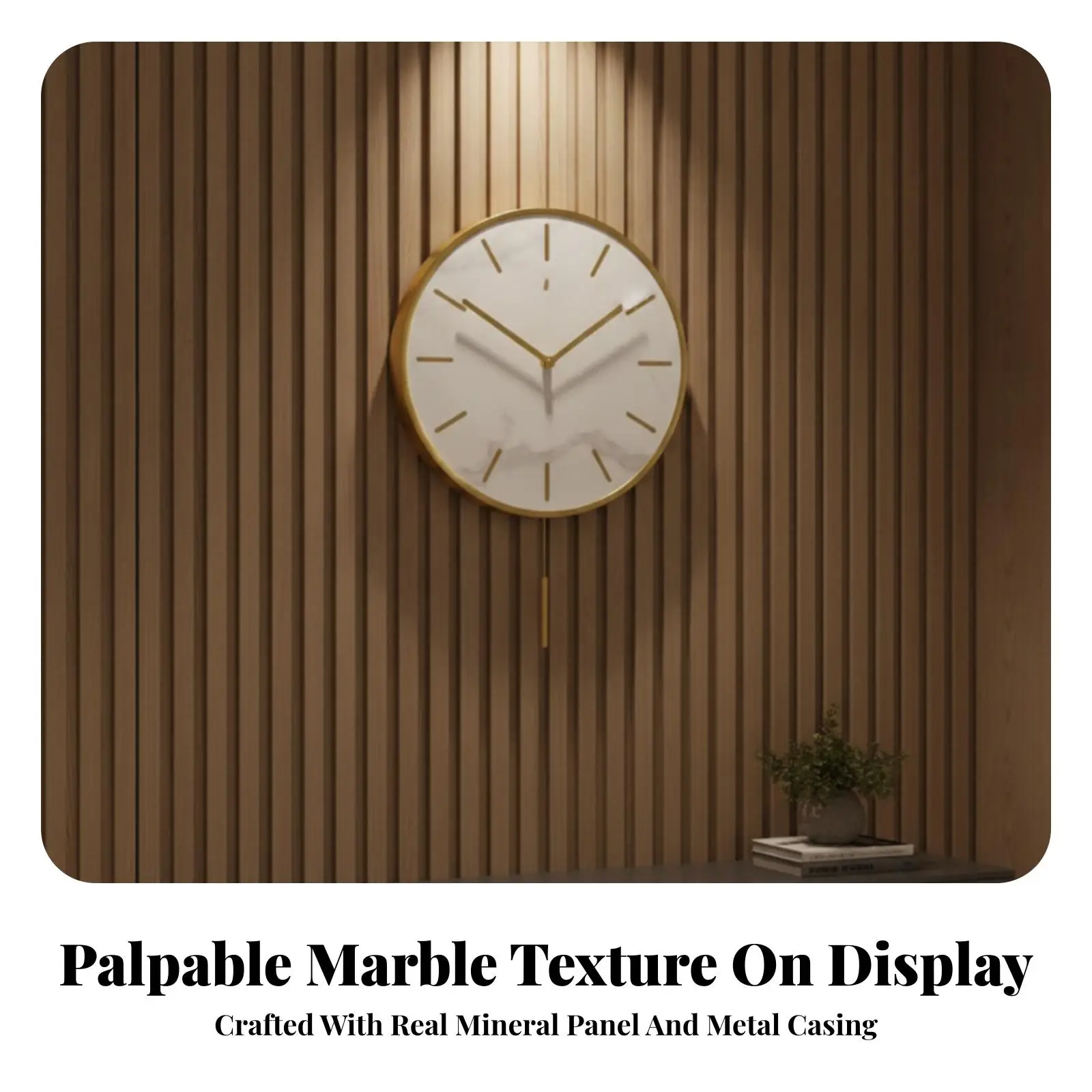 Quiet Stone Slab Wall Clock with Cylindrical Pendulum for Kitchen Living Room Modern Gold Accent Style