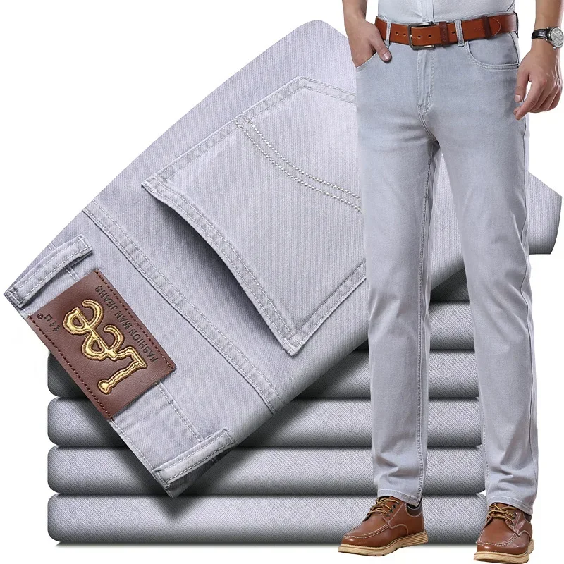 Pantalones vaqueros ajustados de pierna recta para hombre de comercio transfronterizo Primavera Verano fino gris claro estiramiento negocios juvenil Casual Denim