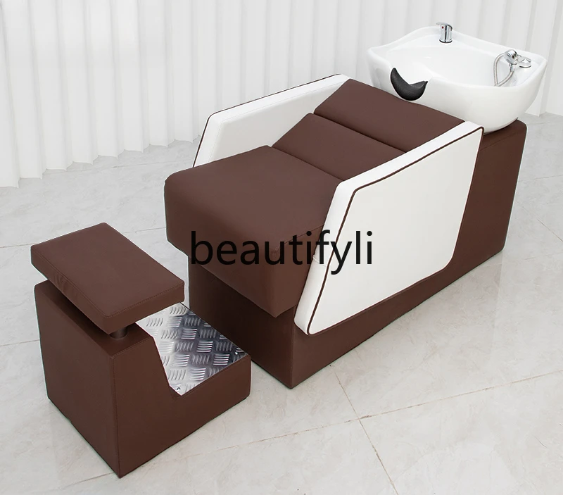 High-end barber shop shampoo bed, modern simple hair salon special semi-lying ceramic basin flush bed