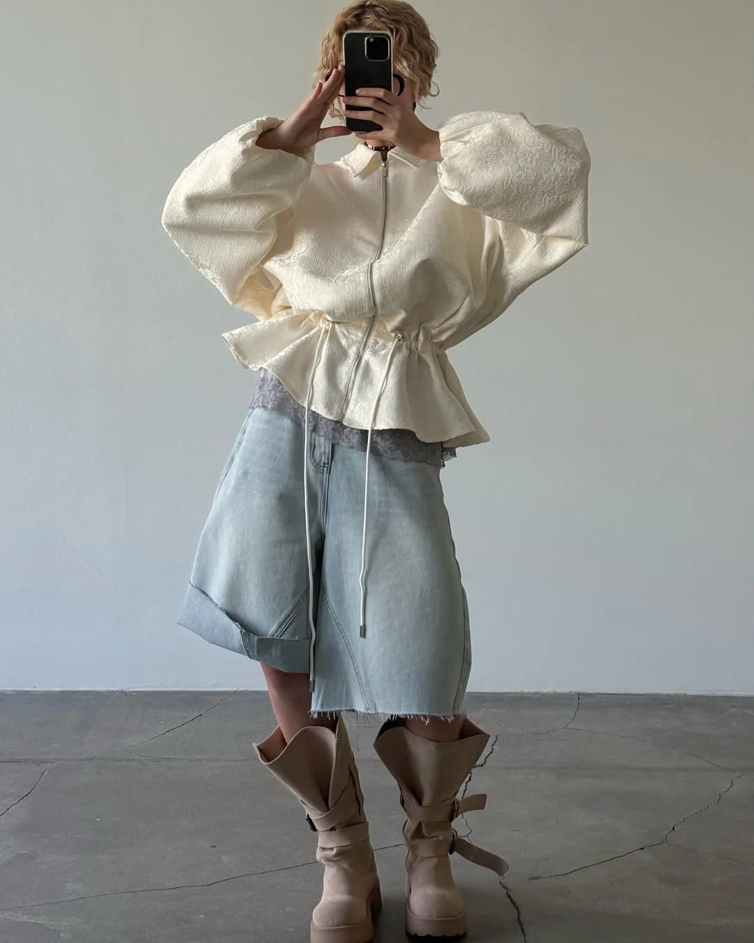 Women Jacquard Short Jacket Waist Cinched Lantern Sleeve Drawstring Loose Coat Spring Autumn