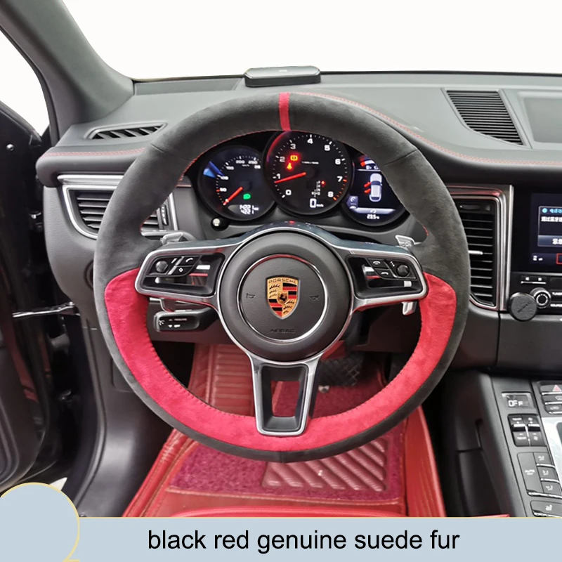 

Genuine Suede for Porsche Cayenne Panamera Macan 911 718 Hand Sewing Car Steering Wheel Cover Protective Car Accessories Red