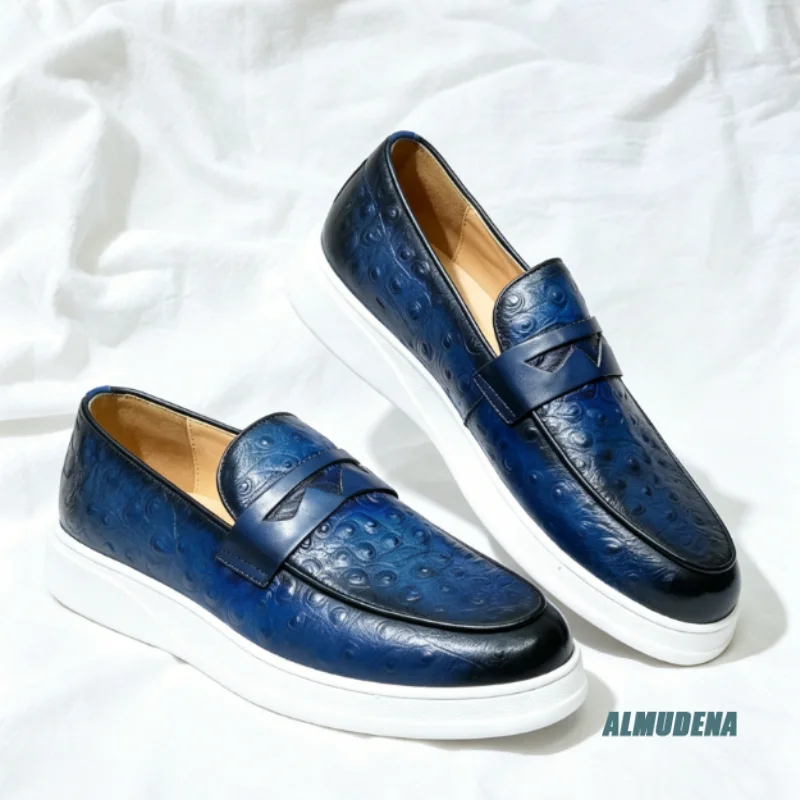 Street Style Men Low-Top Penny Loafers Embossed Faux Leather Thick White Sole Outdoor Trendy Versatile Daily Casual Board Shoes
