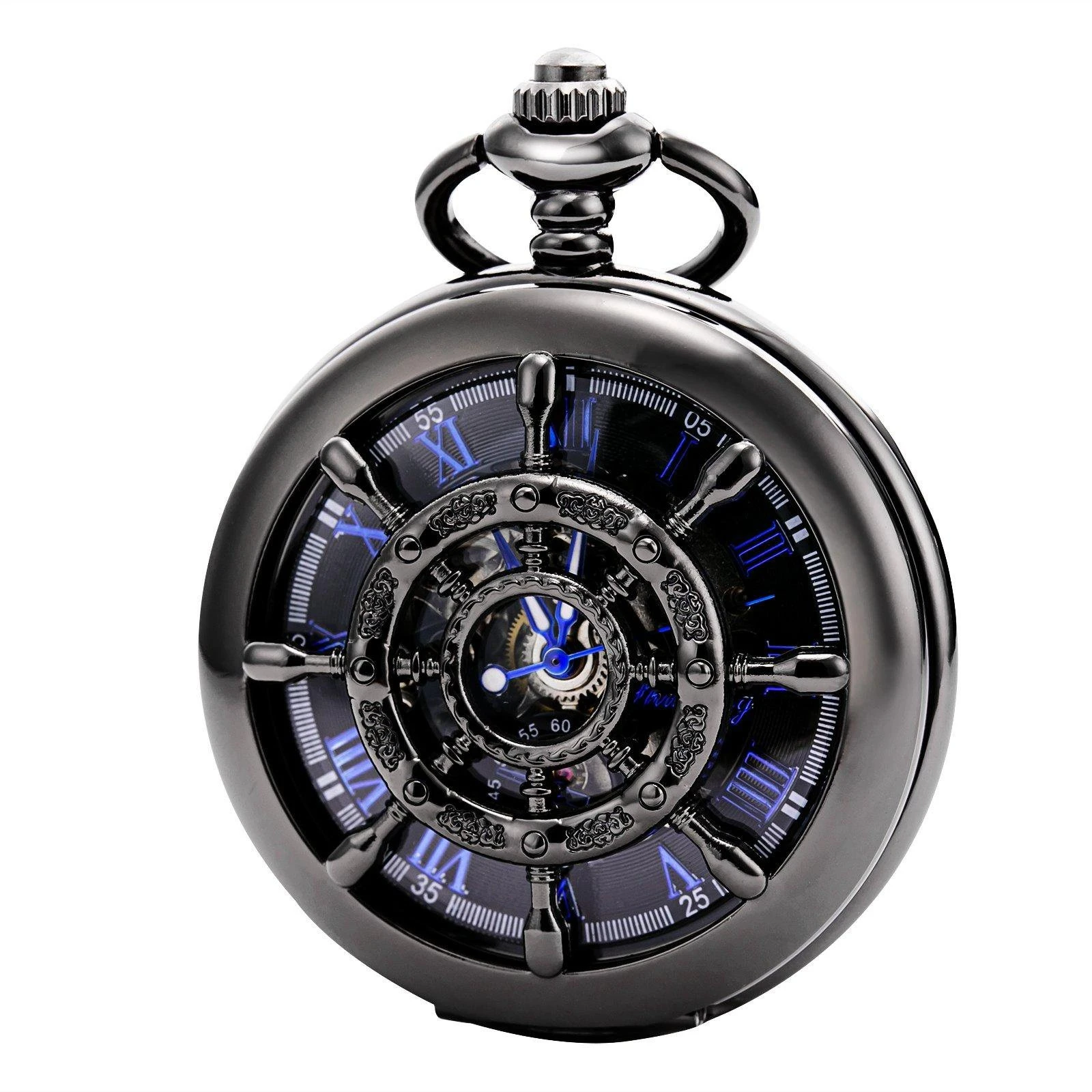 

Men's Mechanical Holoow Design Hand Wind Pocket Watch Roman Numerals Steampunk with Chain Box
