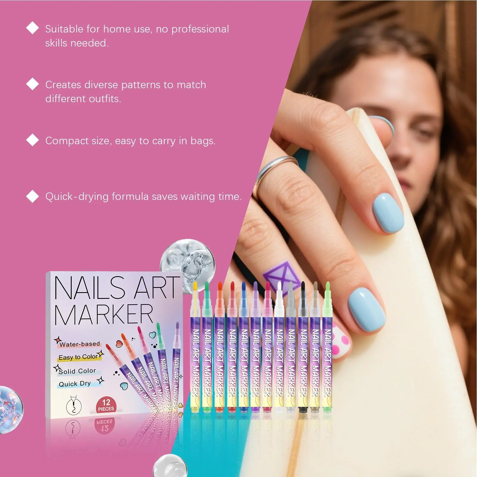 12-Farben-Nagelstifte, schnell trocknende Malmarker, feine Spitze, Nagel-Doodle-Stifte, Nagelmalerei, Zeichenstift, Nagelkunst-Zubehör