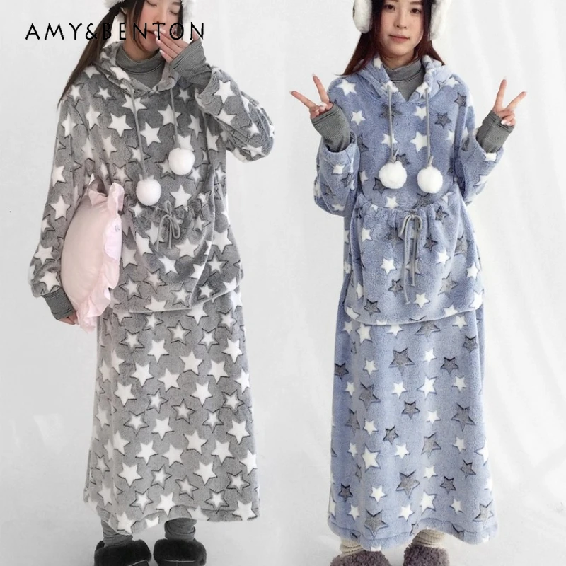 

2025 Autumn Winter New Plush Star Hooded Women's Loungewear Original Design Loose Personality Fashion Warm Nightdress Ladies