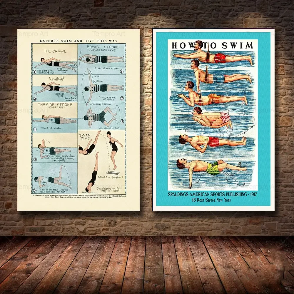 Vintage Swiming and Diving Chart Poster How To Swim Print Education Picture Wall Art Canvas Painting Natatorium Pool Home Decor
