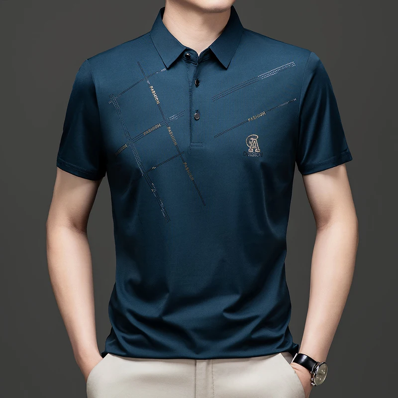 Fashionable embossed design polo shirt short sleeved men\'s summer new high-end ice silk comfortable casual light luxury T-shirt