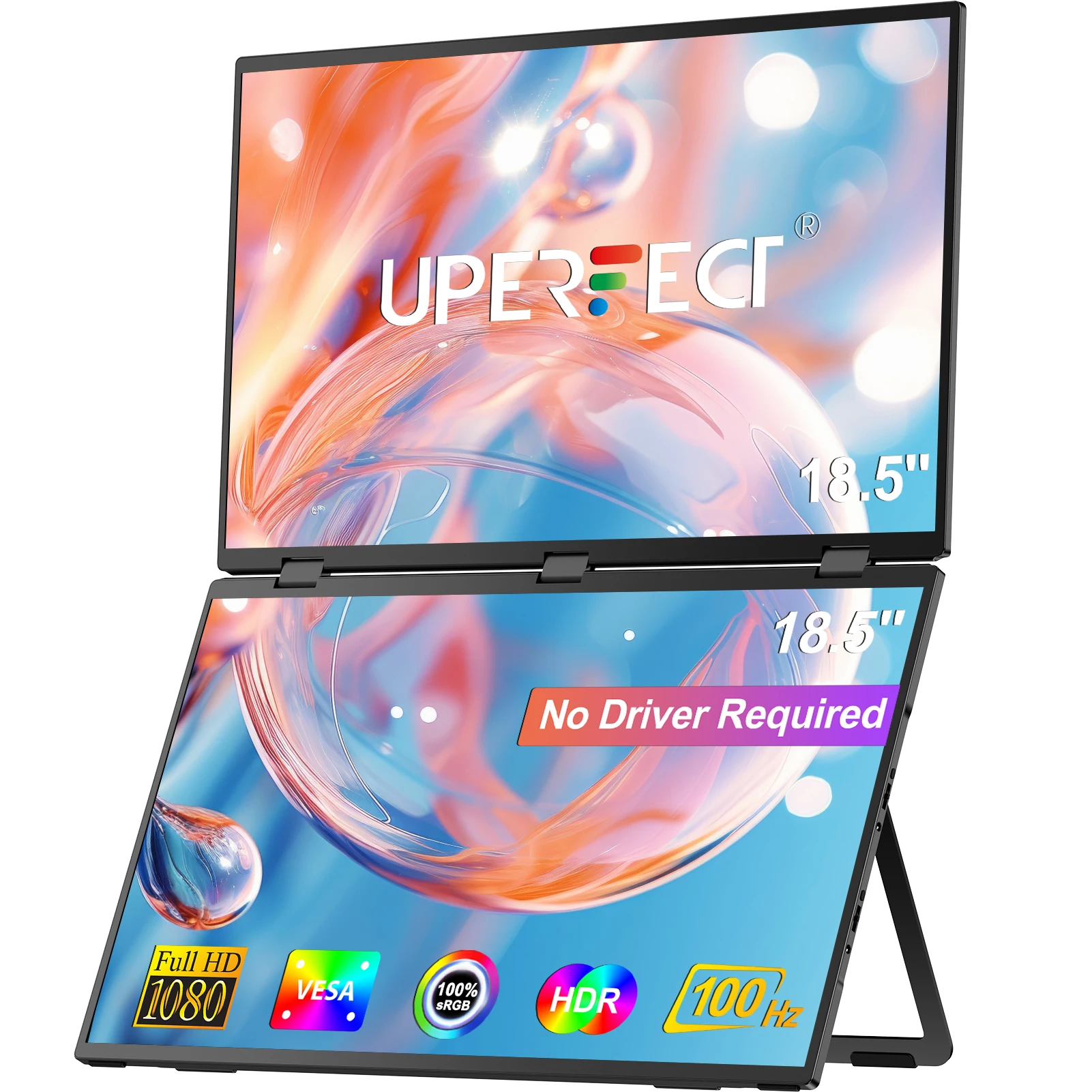 UPERFECT UStation Δ / Delta Plus 스택형 모니터 노트북 듀얼 스크린 접이식 드라이브 필요 없음 18.5" FHD 100Hz IPS 스크린(USB C 포함) 미니 HDMI VESA 조정 스탠드 PC Mac 전화 스팀 데크 XBOX PS5 게임 디스플레이