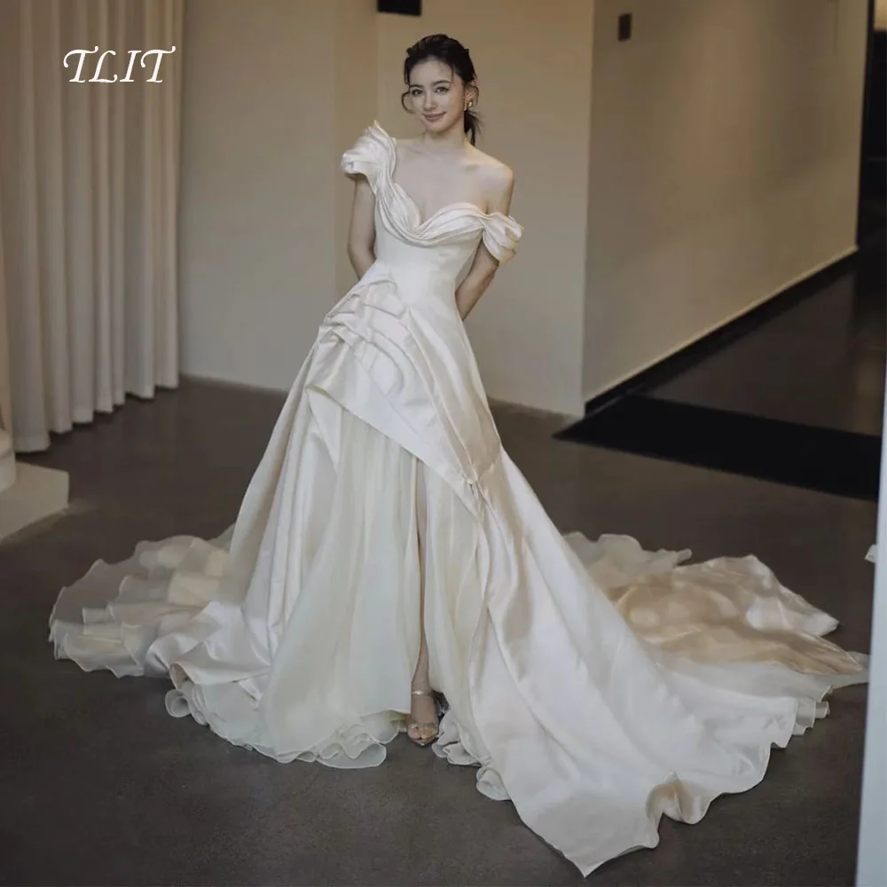 فساتين زفاف أنيقة من الساتان والحرير من TLIT فساتين زفاف كورية لالتقاط الصور بدون أكتاف فستان زفاف شيفون مخصص