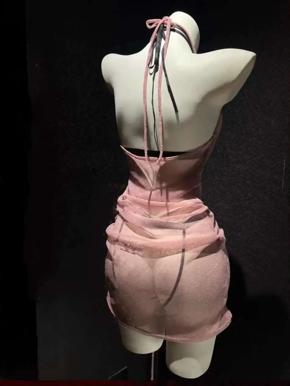 걸이 넥 백리스 딥 V 멜빵 민소매 드레스 투명 섹시한 메쉬 드레스 매력적인 우아한 순수한 욕망 아름다운 SOUE