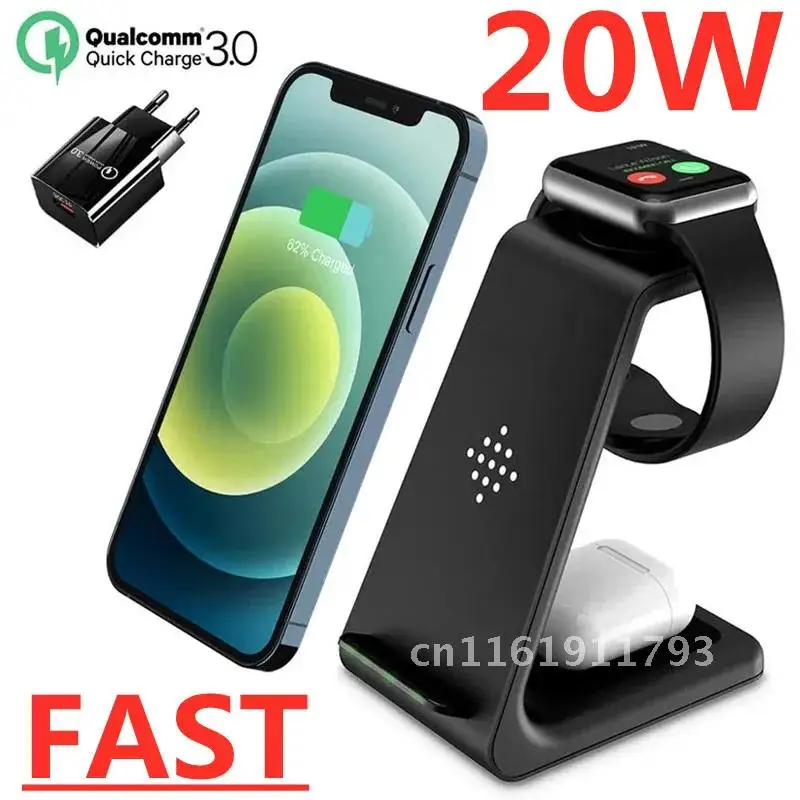 Wireless Charger Stand 20W for IPhone 13 12 11 Watch Samsung 3 In 1 Qi Fast Charging Dock Station for Airpods Pro IWatch 6