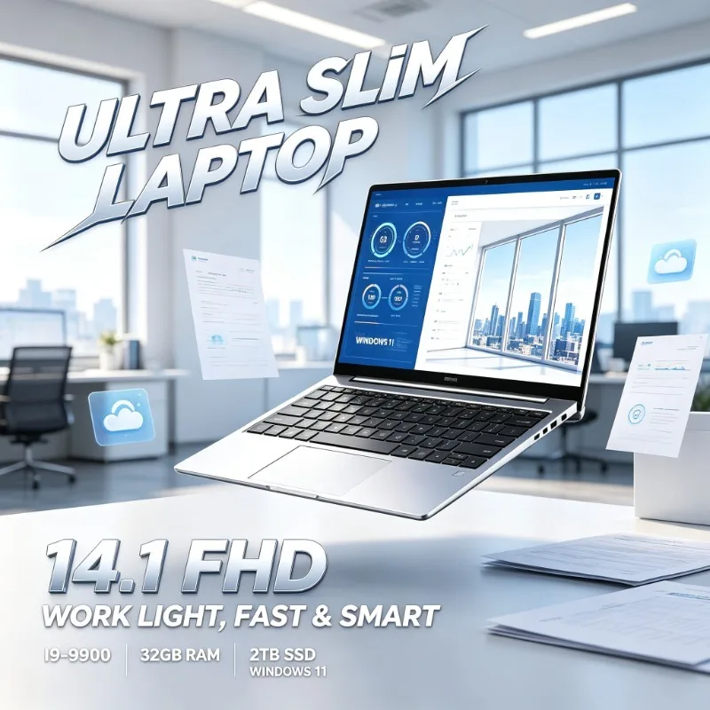 Laptop de 14,1 polegadas com ecrã IPS FHD de 120 Hz, processador Intel Core i9-9900, 32 GB de RAM, SSD de 2 TB de alta velocidade, teclado retroiluminado e bateria de longa duração.