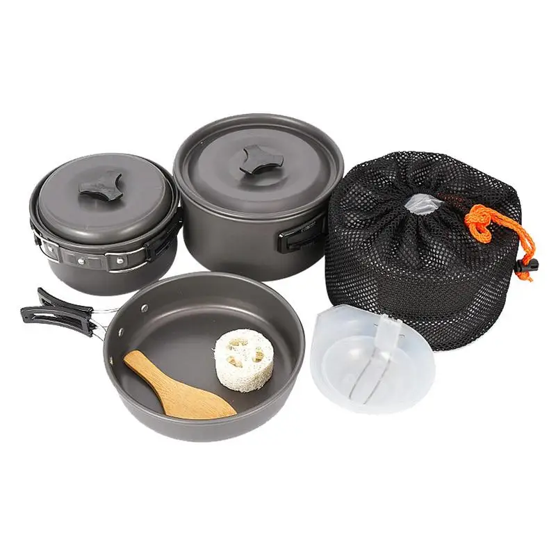 Camping Pot Pan Set 3-4 People Non-Stick Camping Pots Curved Folding Handle Outdoor Mess Kit Backpacking With Utensils