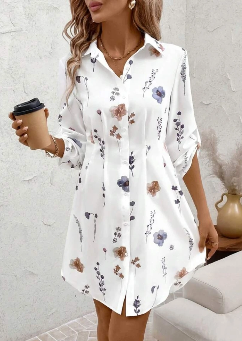 Vestido Midi de manga larga con estampado de flores a la moda de otoño para mujer, vestido camisero informal para mujer, vestido de playa con cintura delgada