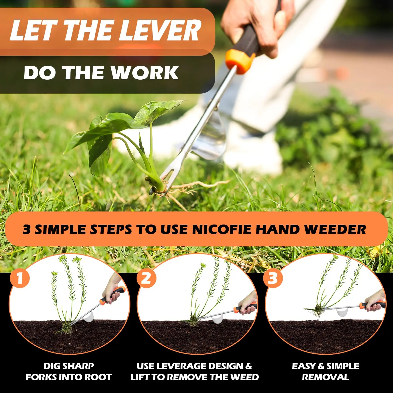 3 PCS Hand Weeder Tool, Rubber Handle Manual Weeder Puller Tool, Uprooting Weeding Tools, Crack Weeder Crevice, 4 Teeth Weeding