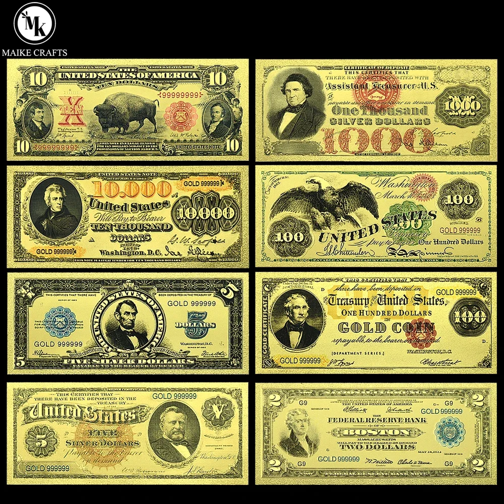 

1922 Year America Gold Foil Banknote 2 5 10 100 1000 10000 Dollar Home Decoration Plastic Money Collection Gift Wholesale