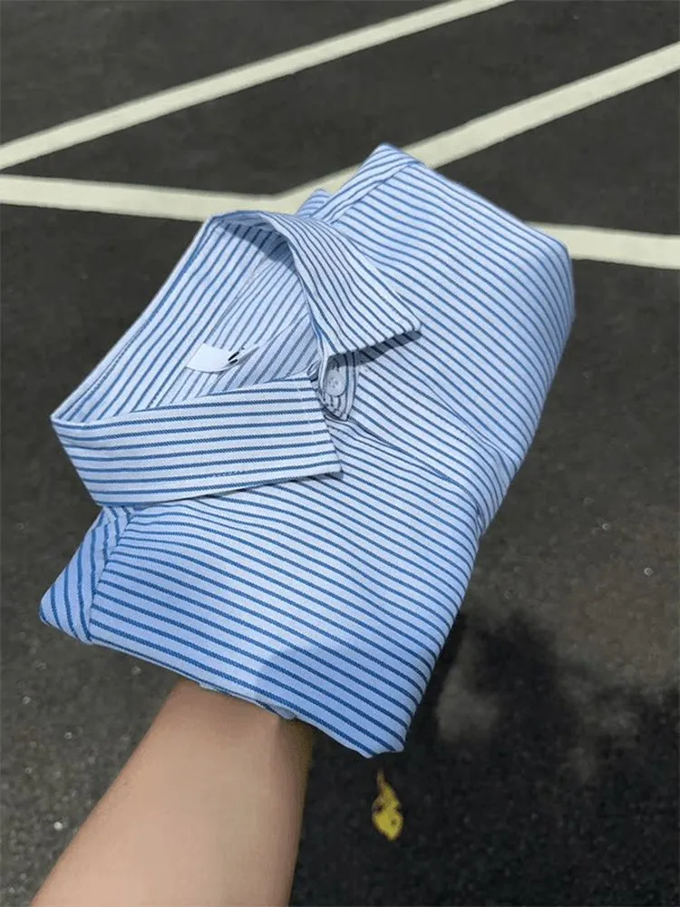 Blue White Vertical Stripes Long Sleeve Men's Shirt Spring College Style Casual Fashion Outerwear Loose Fit Button Design