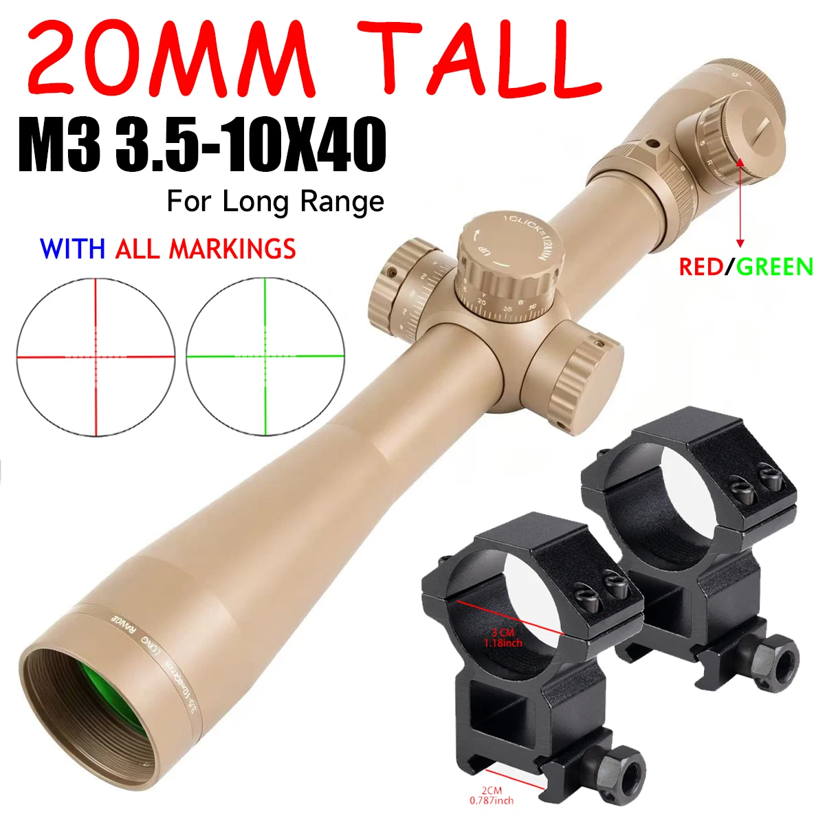 LEU**LD M3 3.5-10X40 Scope Long Red and Green Cross Line Adjustable Sight Tactical Reflex Sight Optics Hunting for 11mm/20mm image 3
