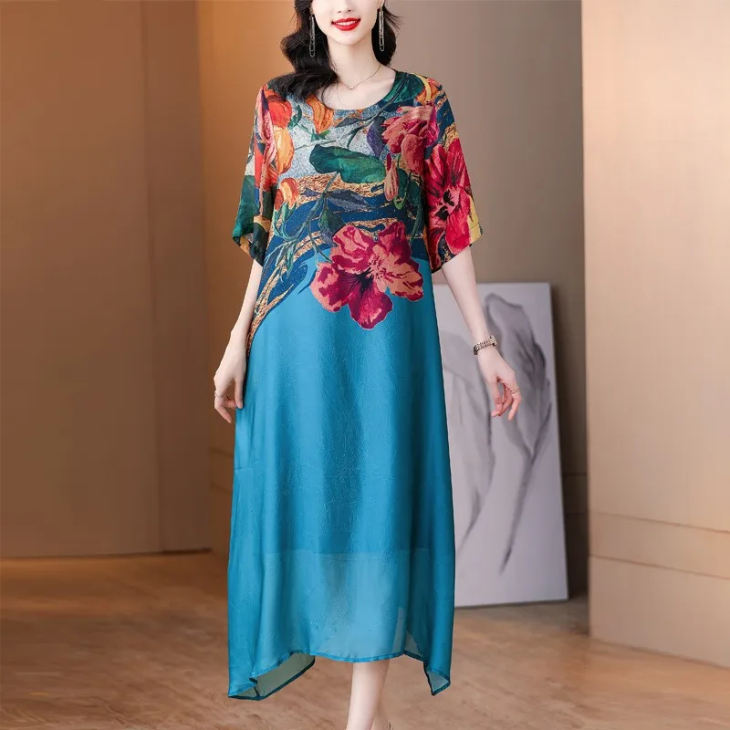 Verão 2023 plus size solto emagrecimento retro impressão Dr feminino camada dupla irregular étnica sle saia longa linha A poliéster...