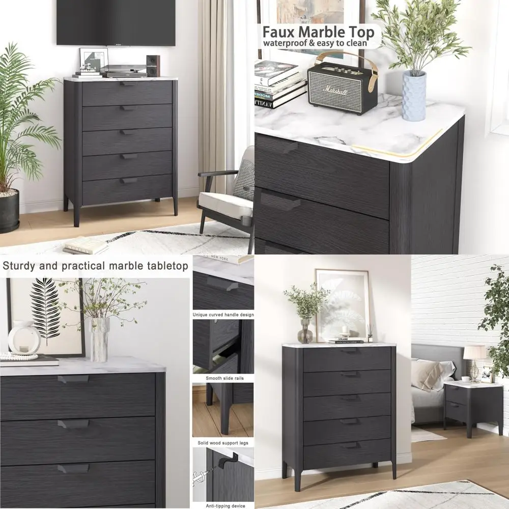 Stylish 5-Drawer Nightstand with Faux Marble Top for Bedside Storage and End Table Use